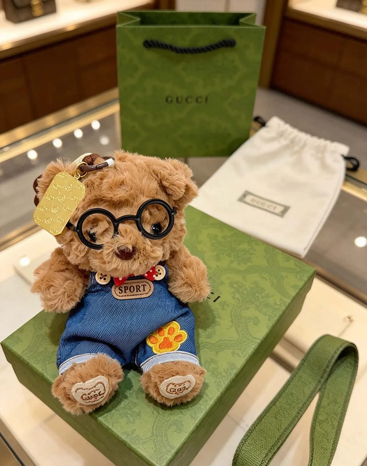 Gucci Brown Blue Plush Teddy Bear Denim Overalls Handbag
