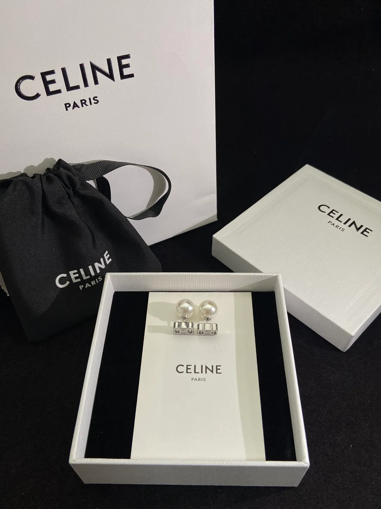 Celine White Silver Pearl Studs Geometric Base Earrings