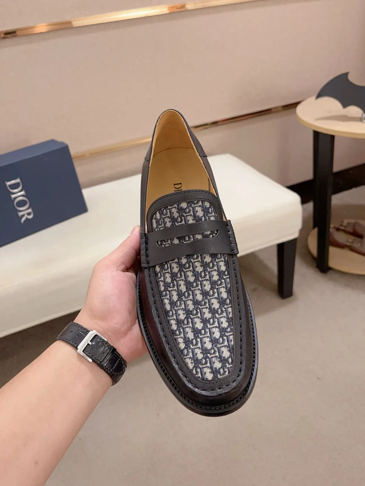Black Gray Leather Monogrammed Fabric Vamp Loafer
