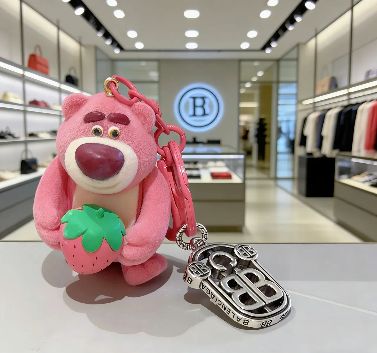 Pink Green Plush Bear Figure Holding Strawberry Phone Accessory