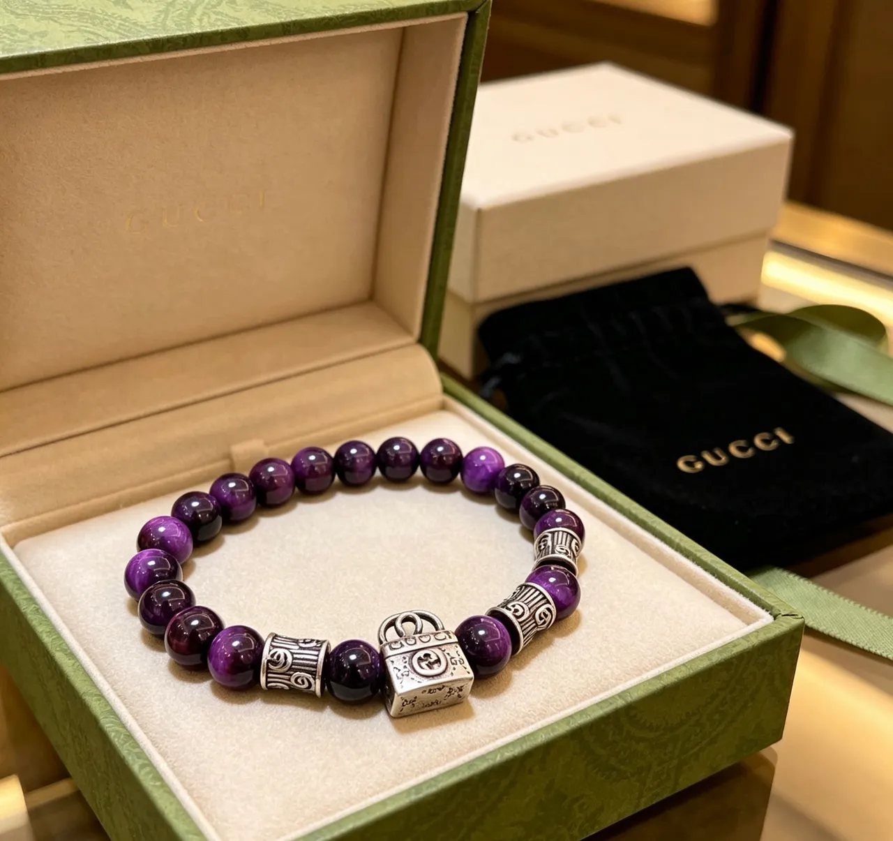 Gucci Purple Silver Beaded Lock Charm Bracelet