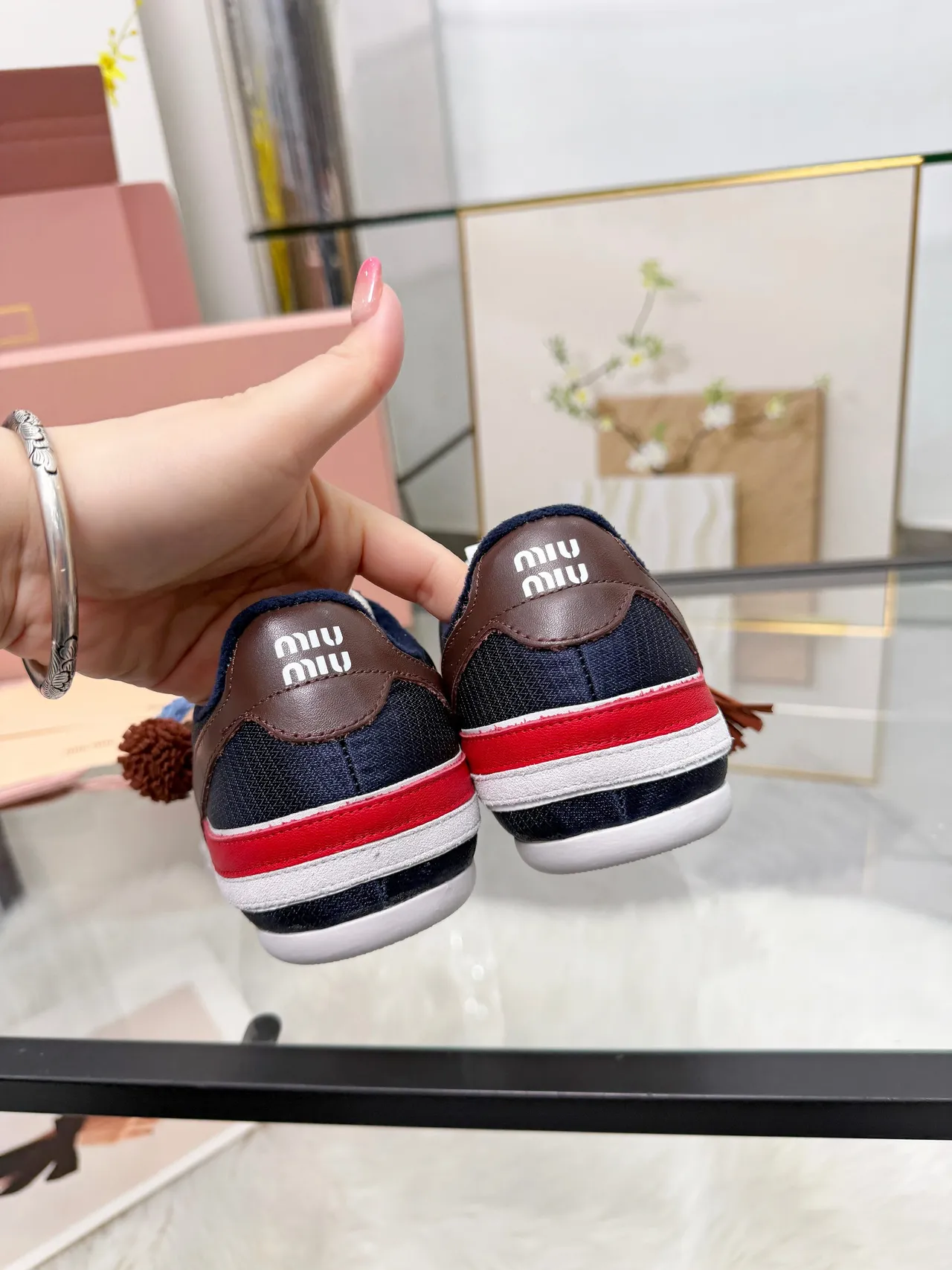 Miu Miu Lifestyle Sneaker White Navy Low-Top Suede And Mesh Upper Lifestyle Sneakers