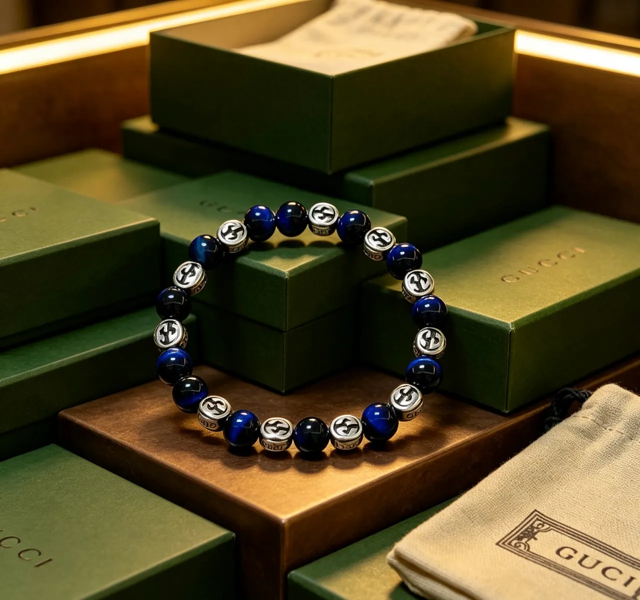 Gucci Blue Silver Beaded Interlocking G Logo Bracelet
