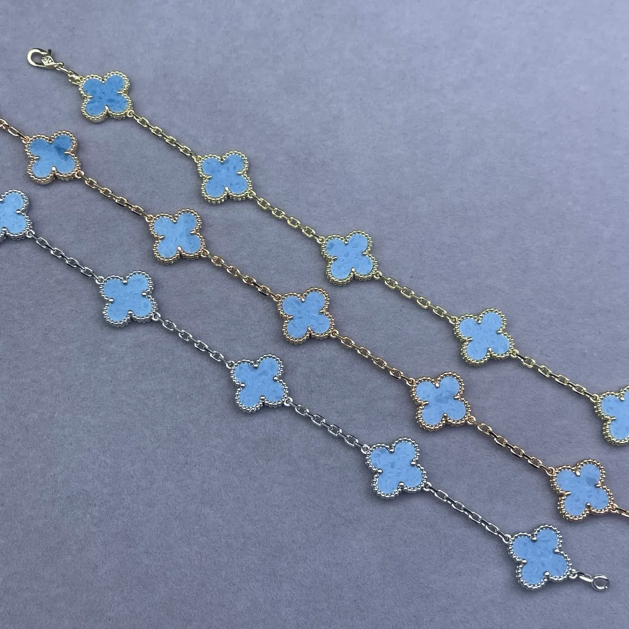 Blue Gold Chain Five Clover-Shaped Enamel Charms Bracelet