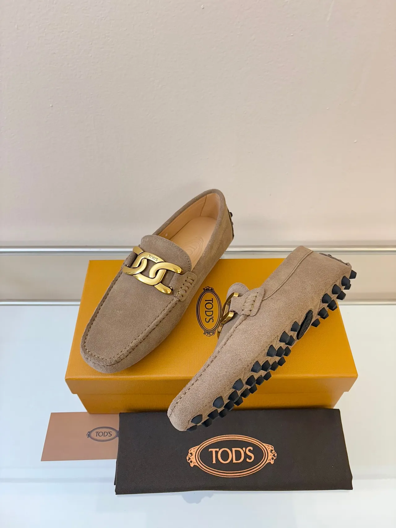 Tod's Gommino Loafer Taupe Suede Gold Horsebit Loafers