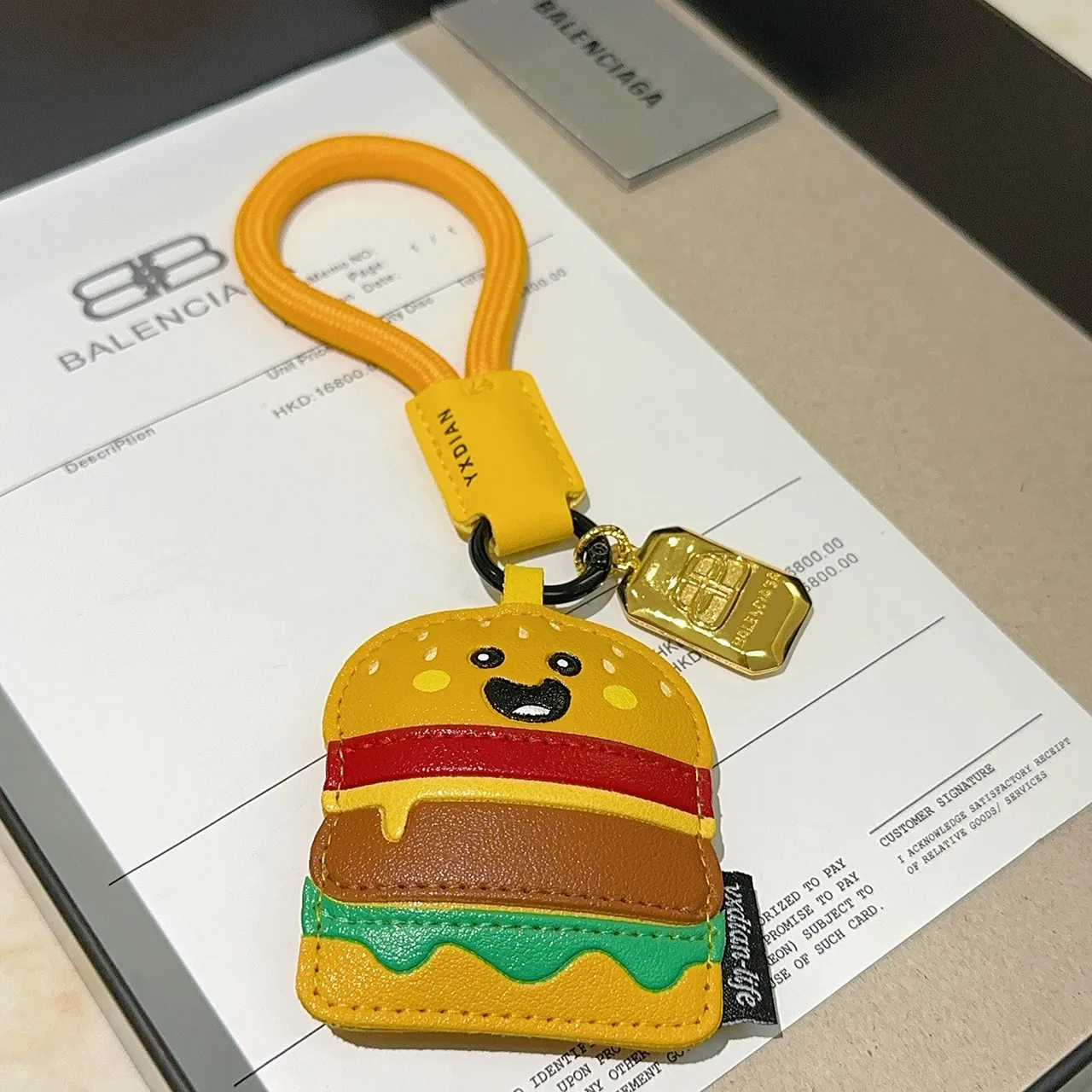 Balenciaga Yellow Multicolor Hamburger-Shaped Leather Keychain Cartoon Face Detail Phone Accessory