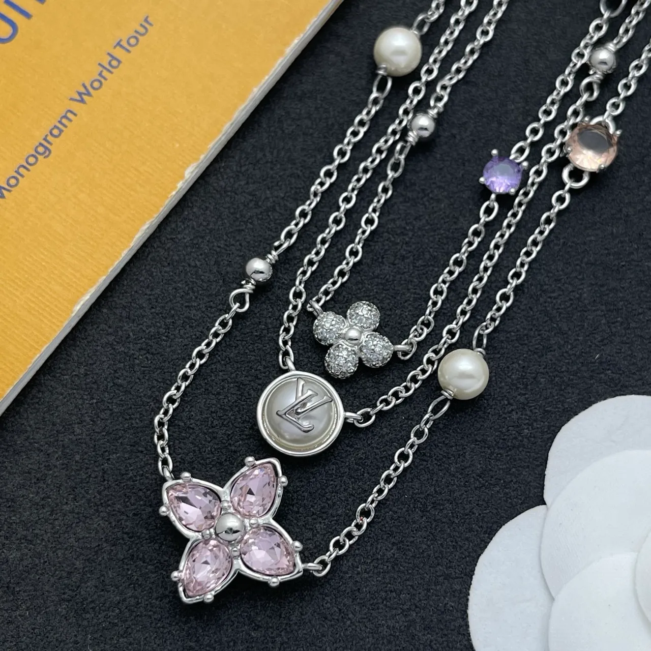 Louis Vuitton Silver Pink Multi-Strand Layered Chain Necklace