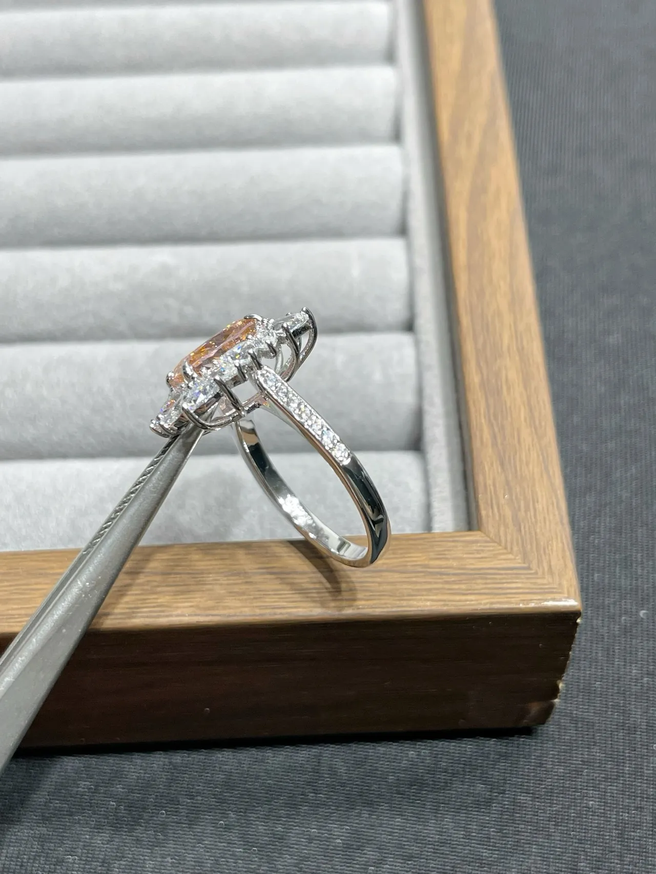 Orange Silver Floral Halo Setting Cushion-Cut Center Ring
