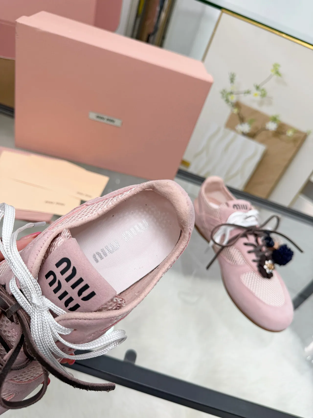 Miu Miu Pink Brown Suede And Mesh Upper Dual-Tone Laces Lifestyle Sneakers