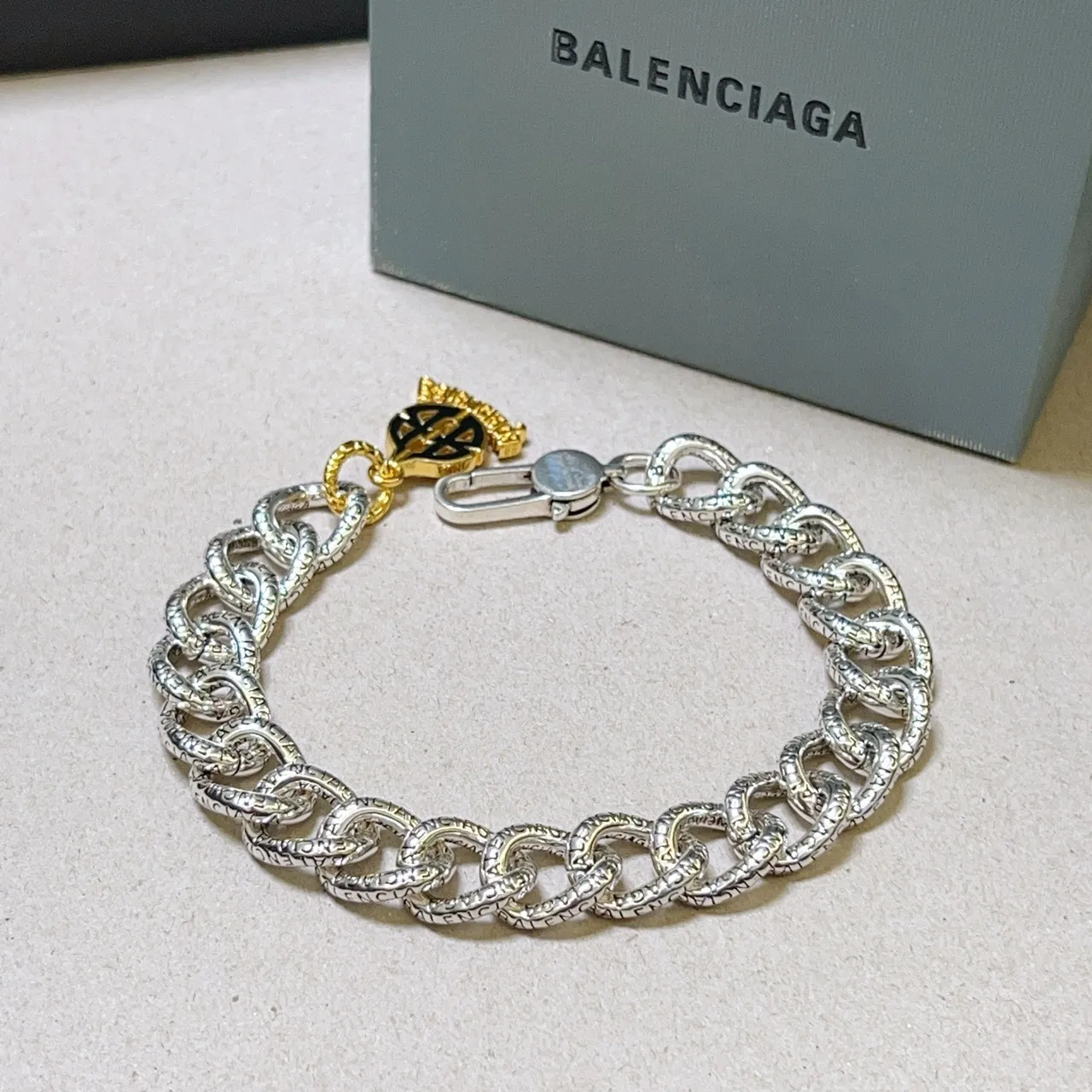 Balenciaga Logo Chain Silver Gold Chunky Oval-Link Engraved Brand Lettering Bracelet