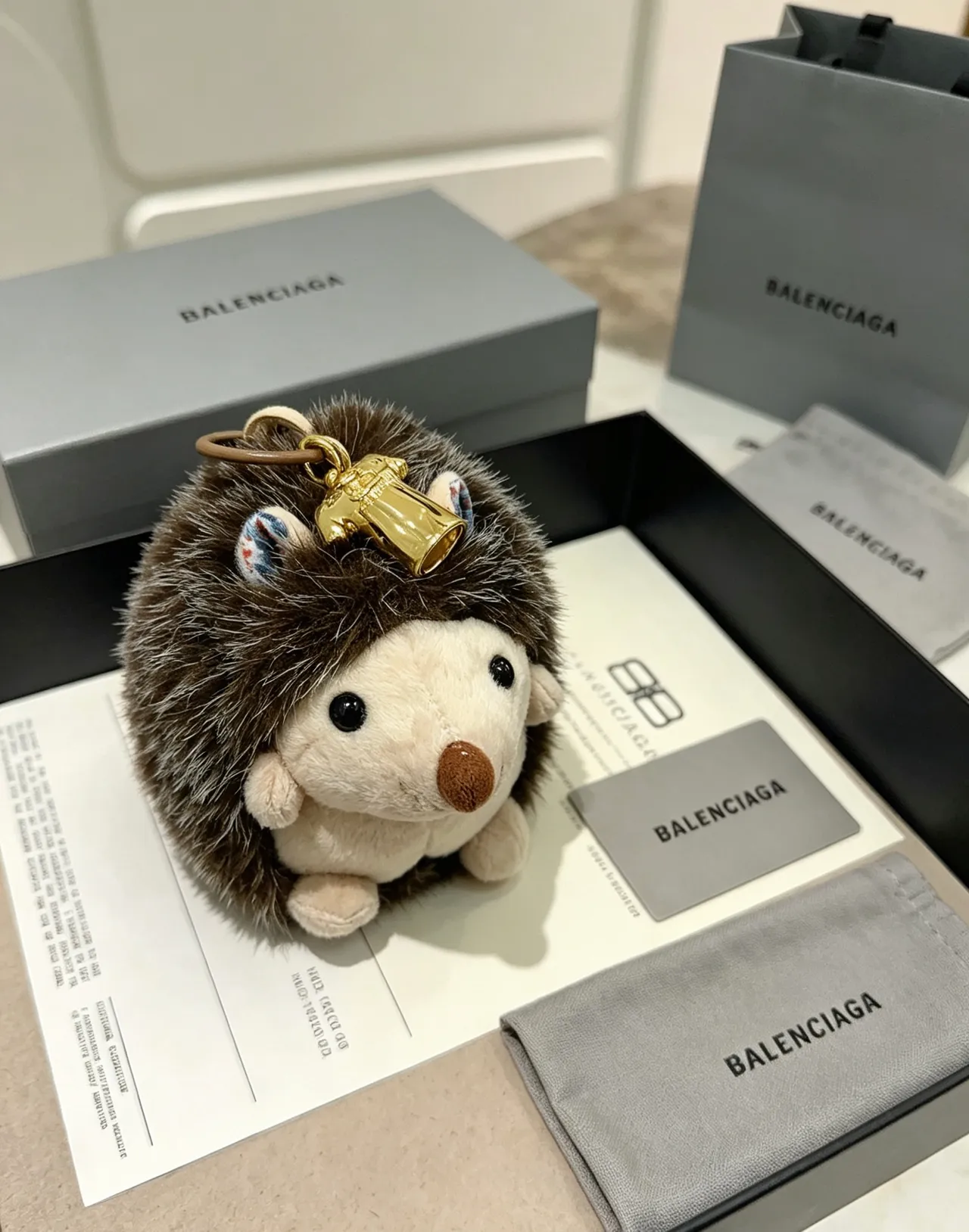 Balenciaga Brown Gold Plush Hedgehog Faux Fur Crossbody Bag
