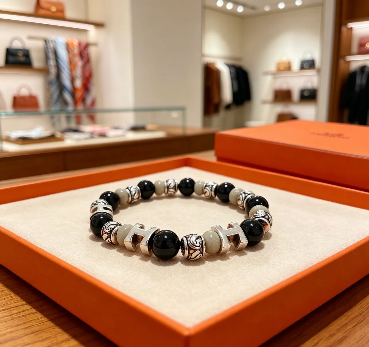 Hermès Black Silver Beaded Multi-Stone Bracelet