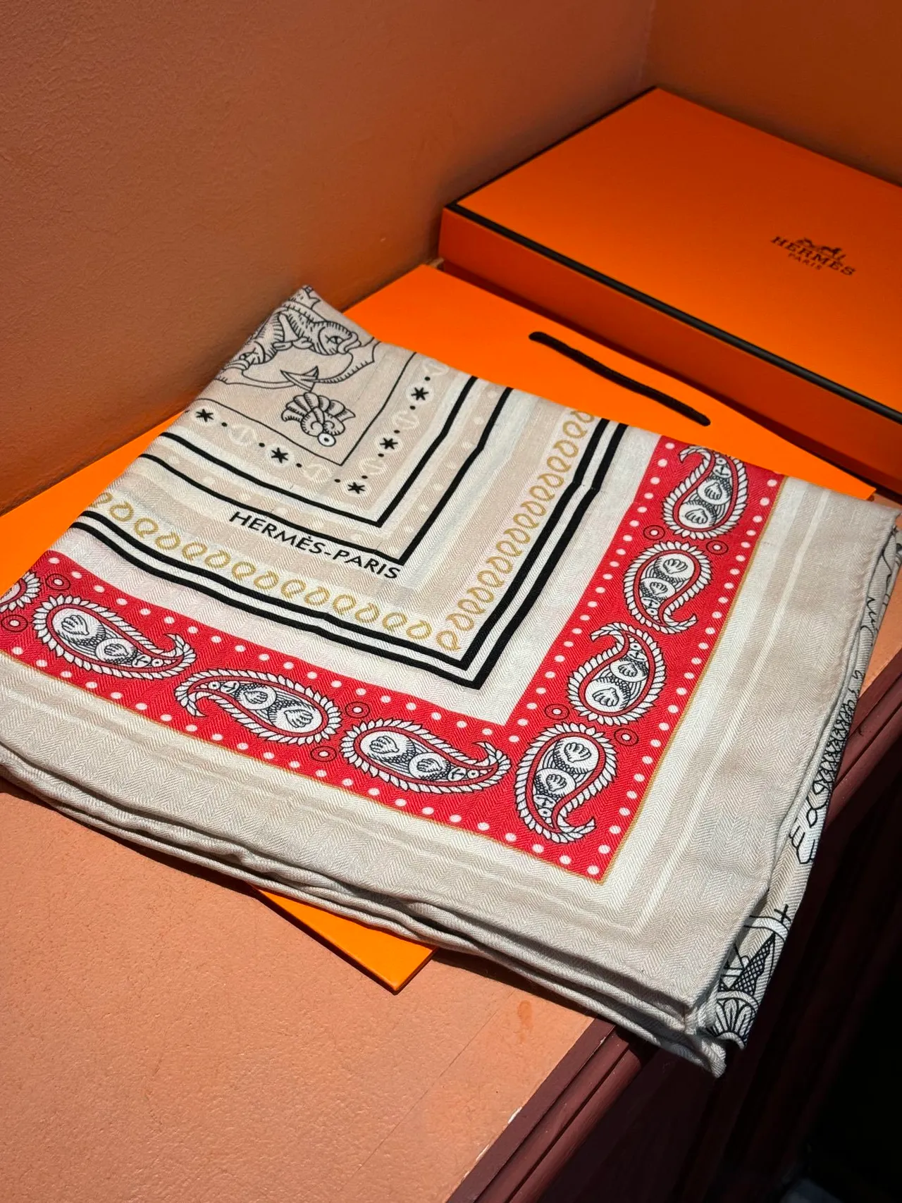 Hermès Beige Red Square Illustrated Maritime Map Silk Scarf