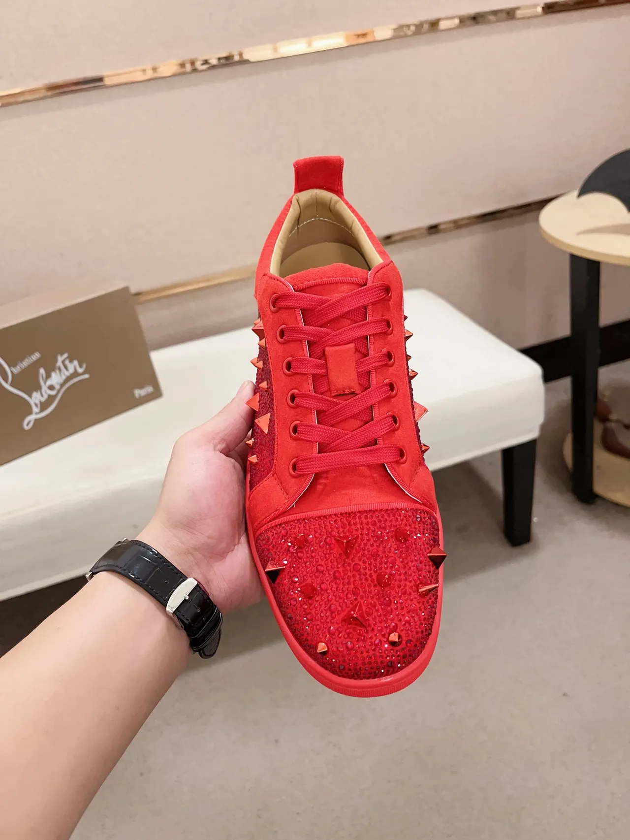 Christian Louboutin Spiked Crystal-Embellished Red Sneaker