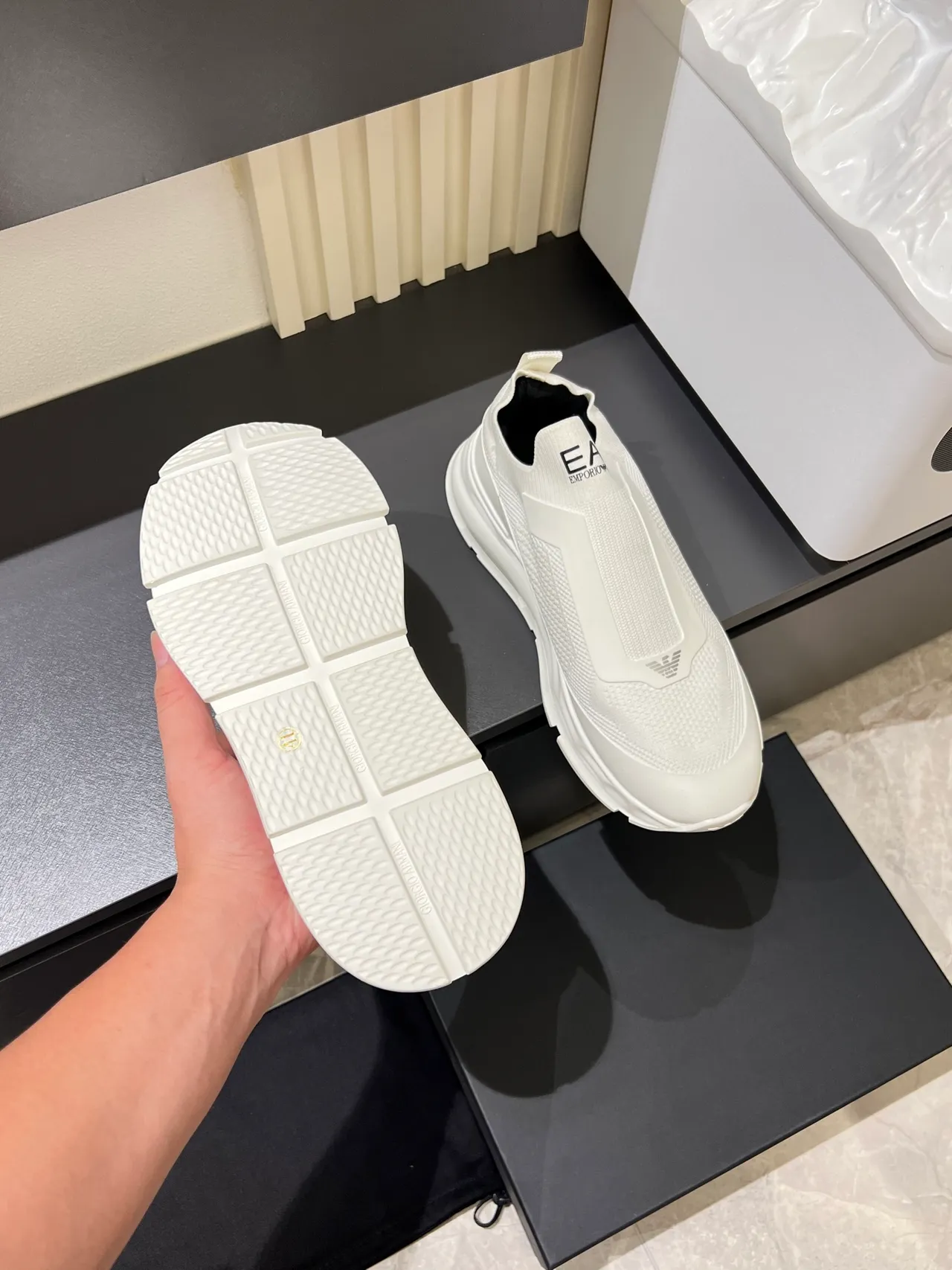 Emporio Armani White Black Slip-On Mesh Upper Lifestyle Sneakers