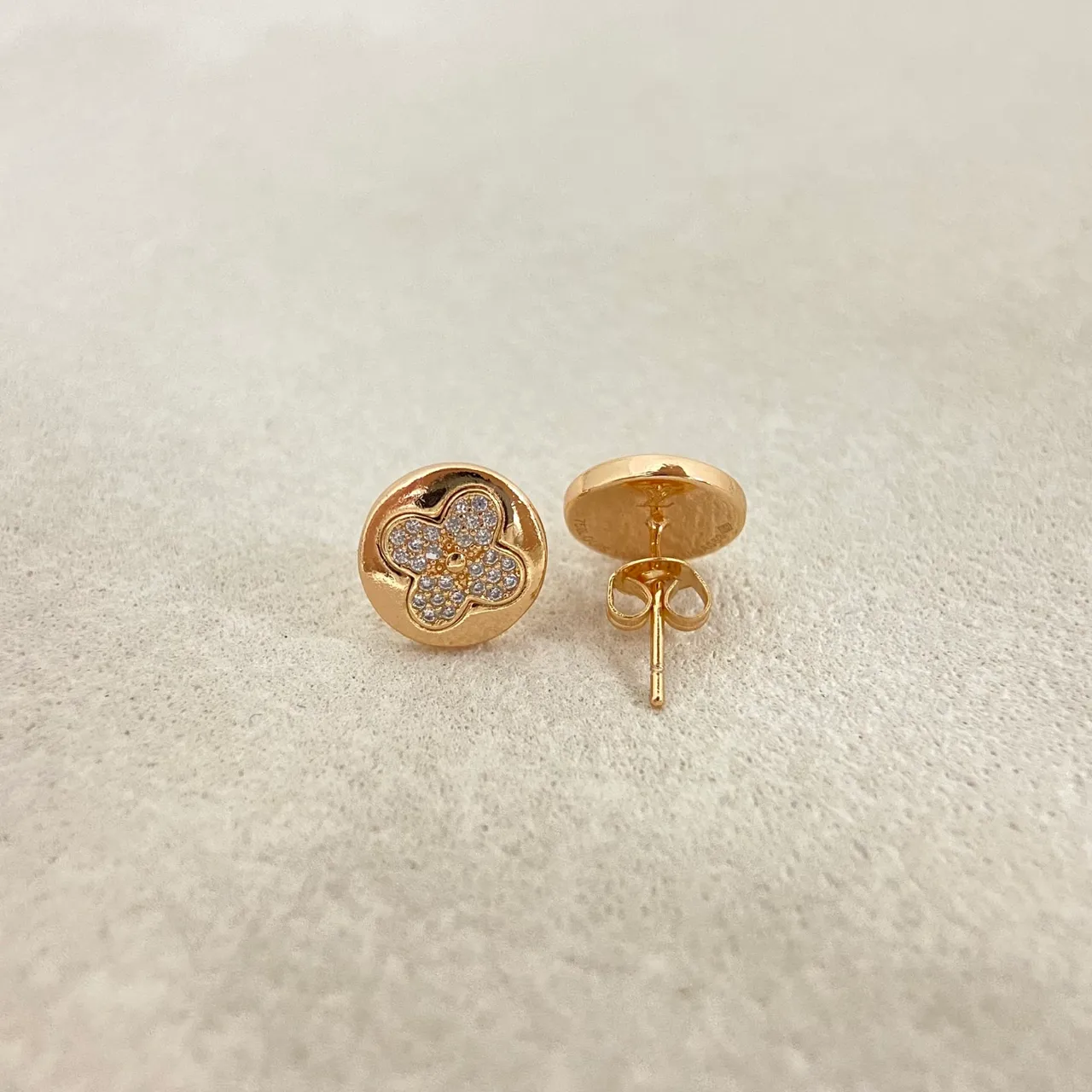 Gold Silver Circular Stud Four-Petal Flower Motif Earrings