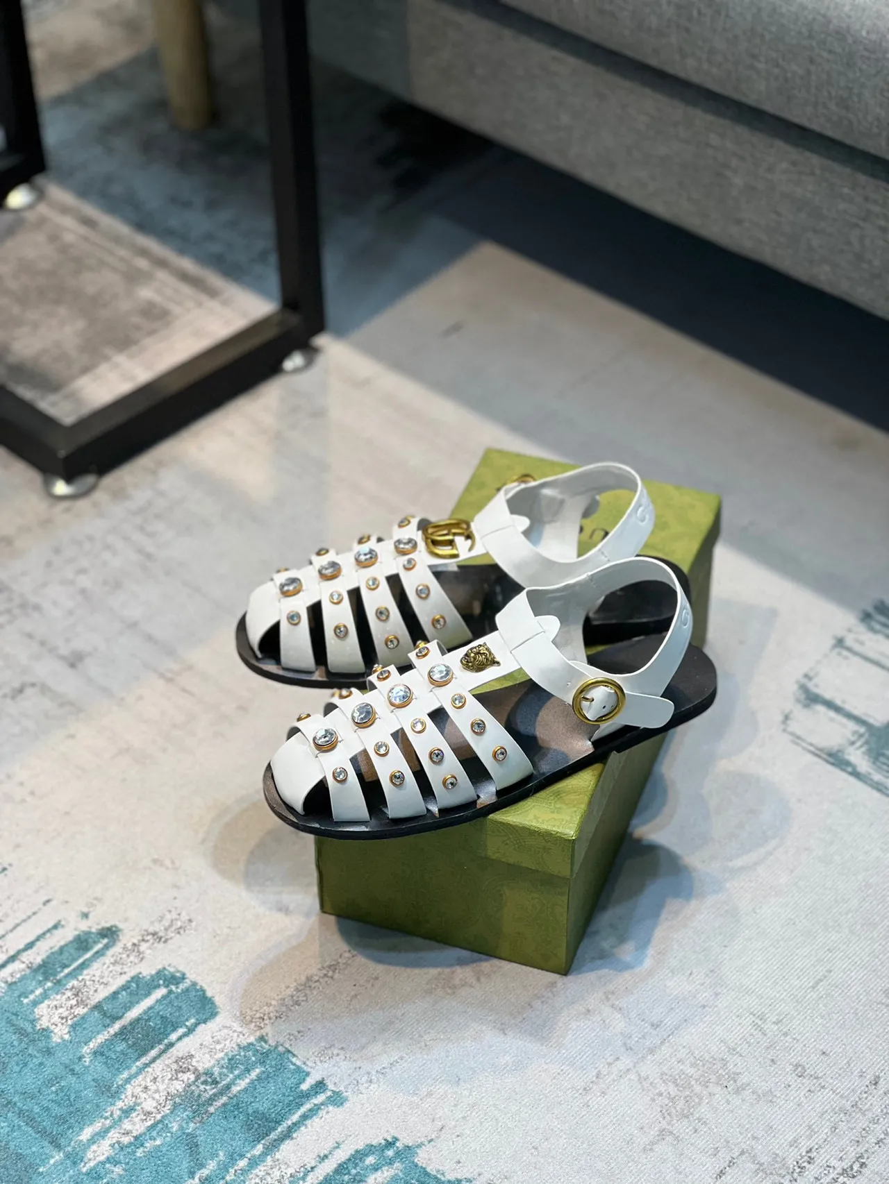 Gucci Gladiator Sandal White Gold Multi-Strap Studded Gladiator Sandals