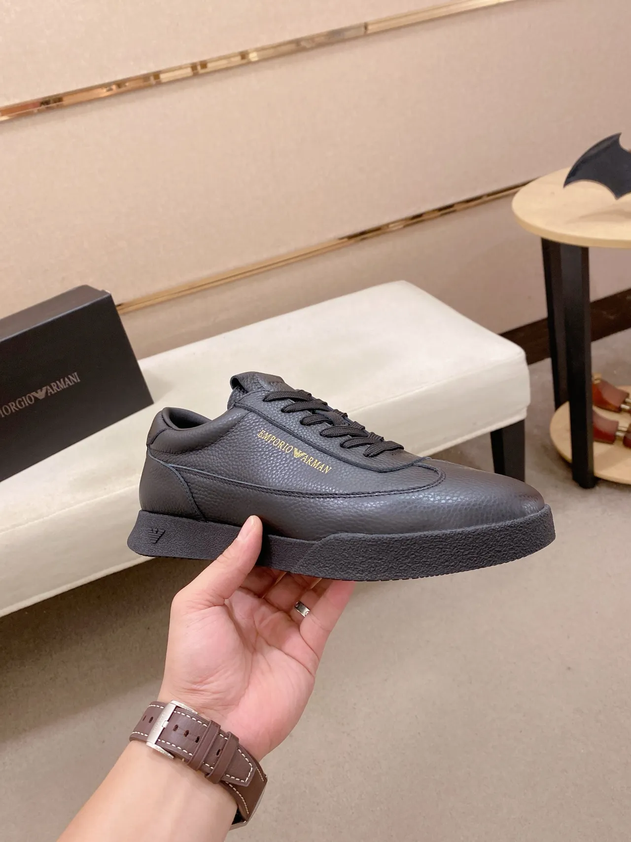 Emporio Armani Pebbled Leather Gold-Branded Low-Top Sneaker