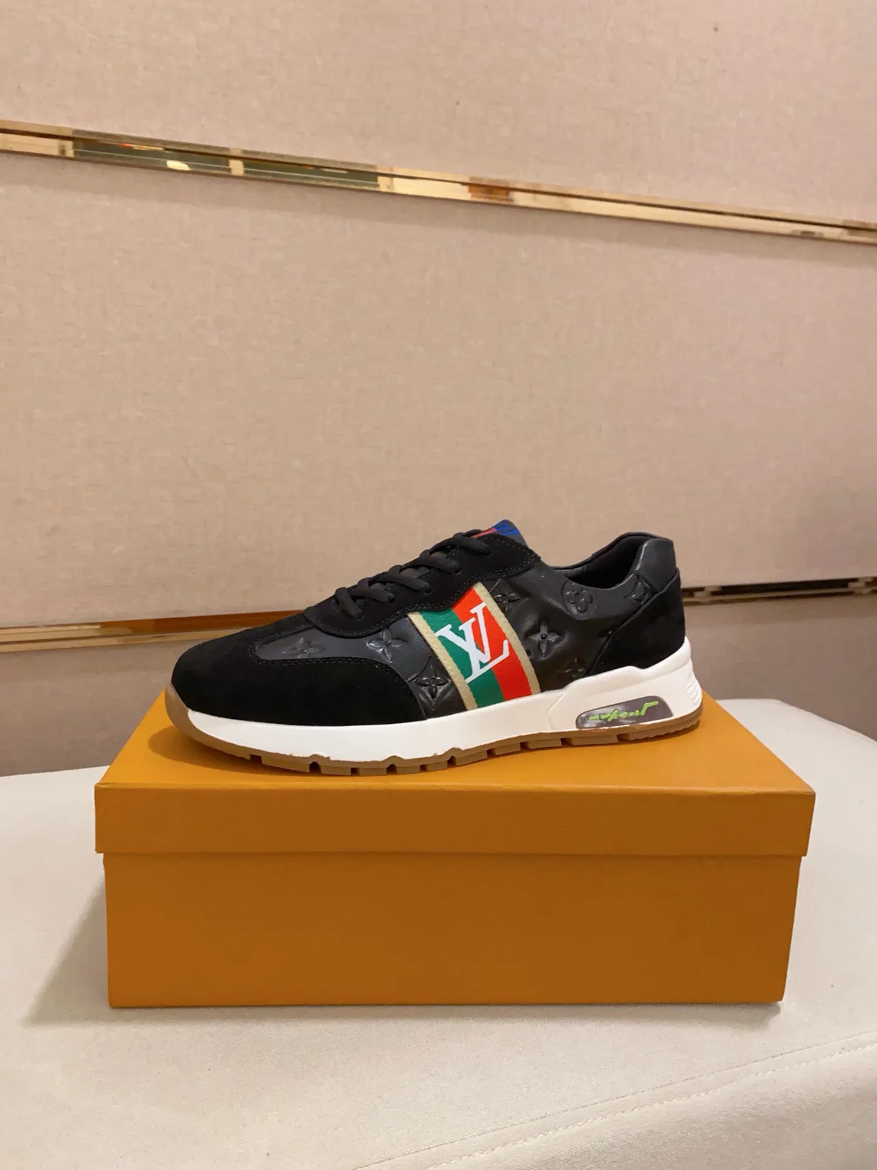 Louis Vuitton LV Trainer Black Multicolor Monogrammed Leather And Suede Green-Red-Green Stripe Lifestyle Sneakers