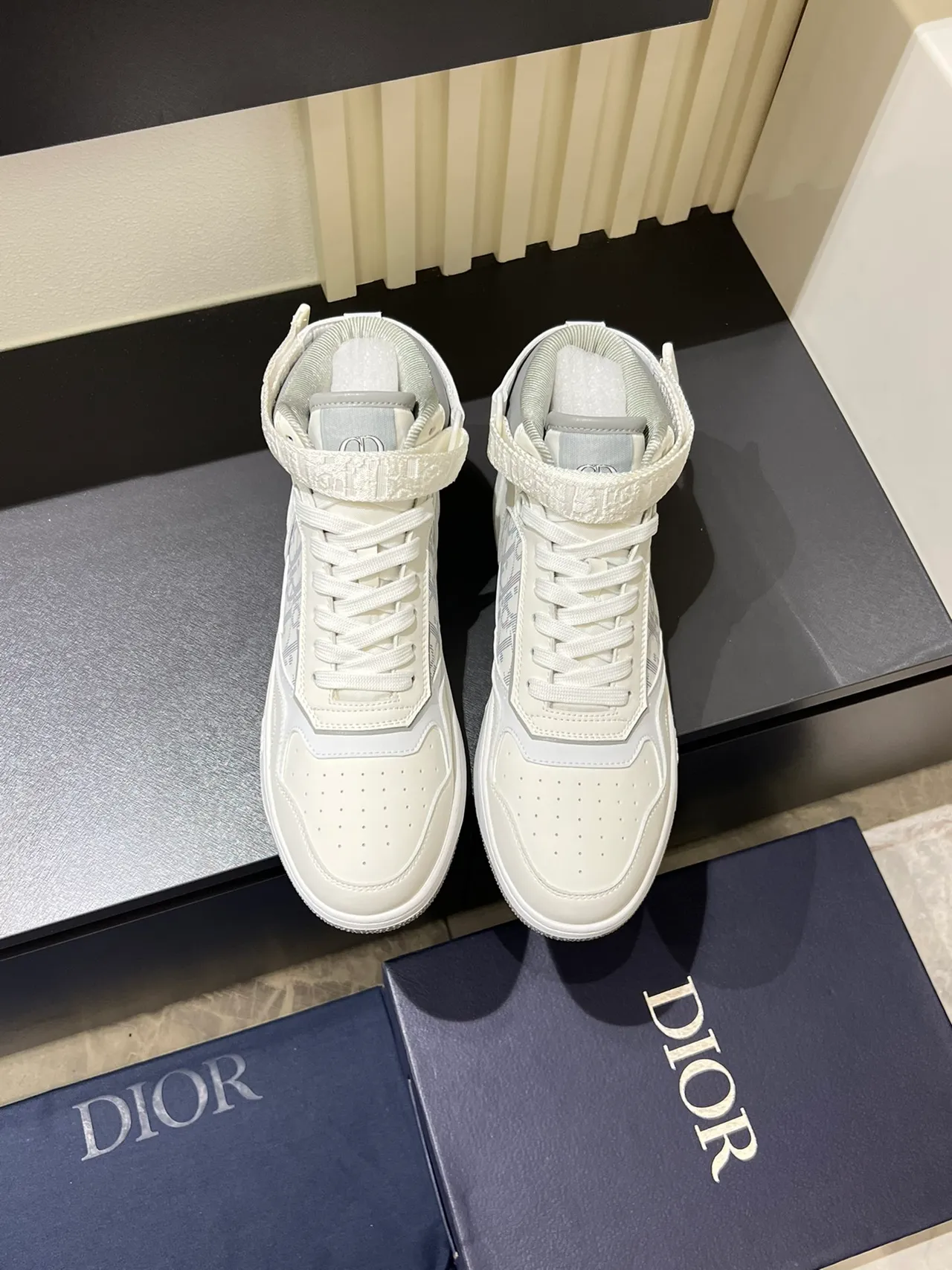 Dior White Gray High-Top Ankle-Strap Lifestyle Sneakers