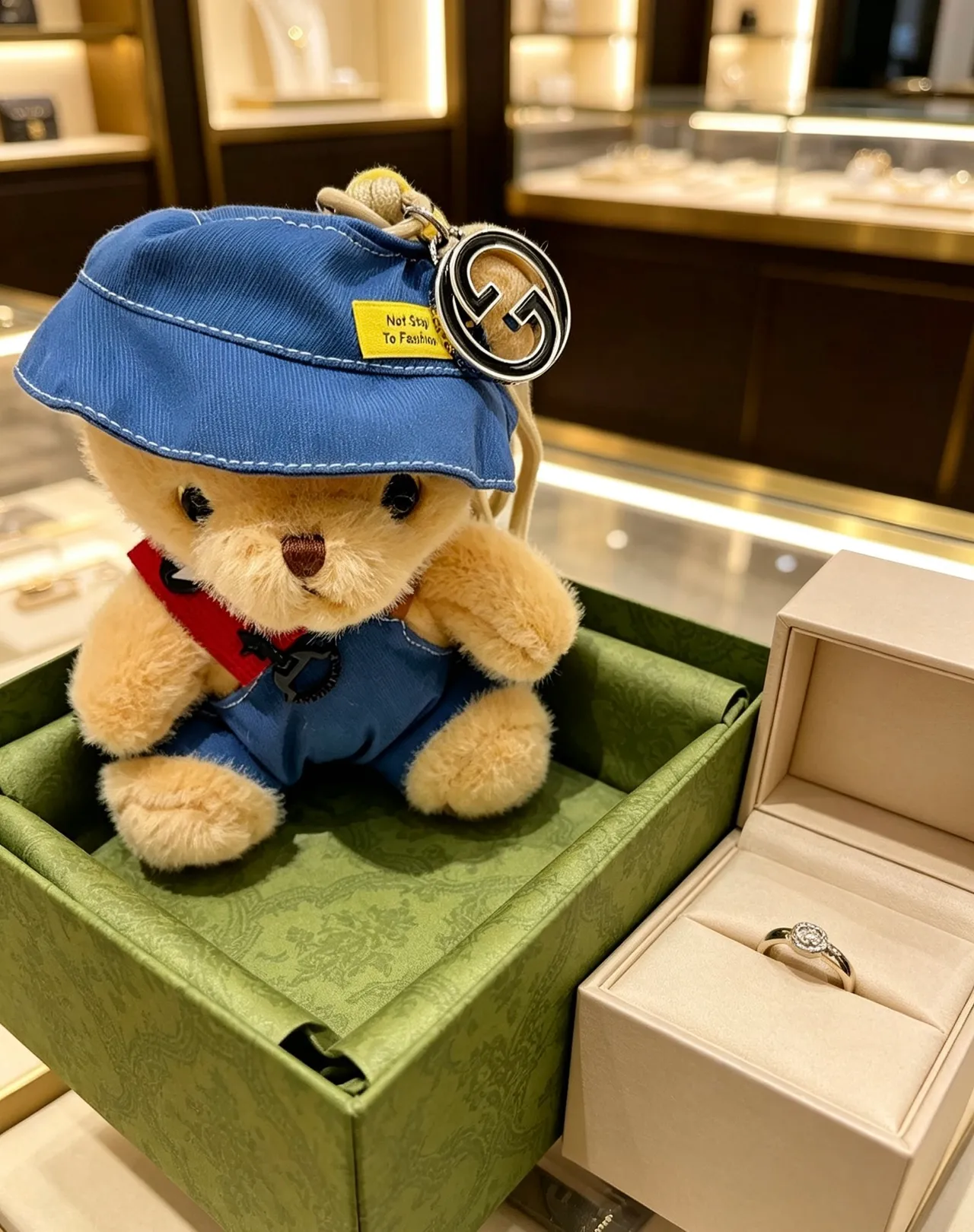 Gucci Beige Blue Plush Teddy Bear Denim-Style Hat And Overalls Handbag