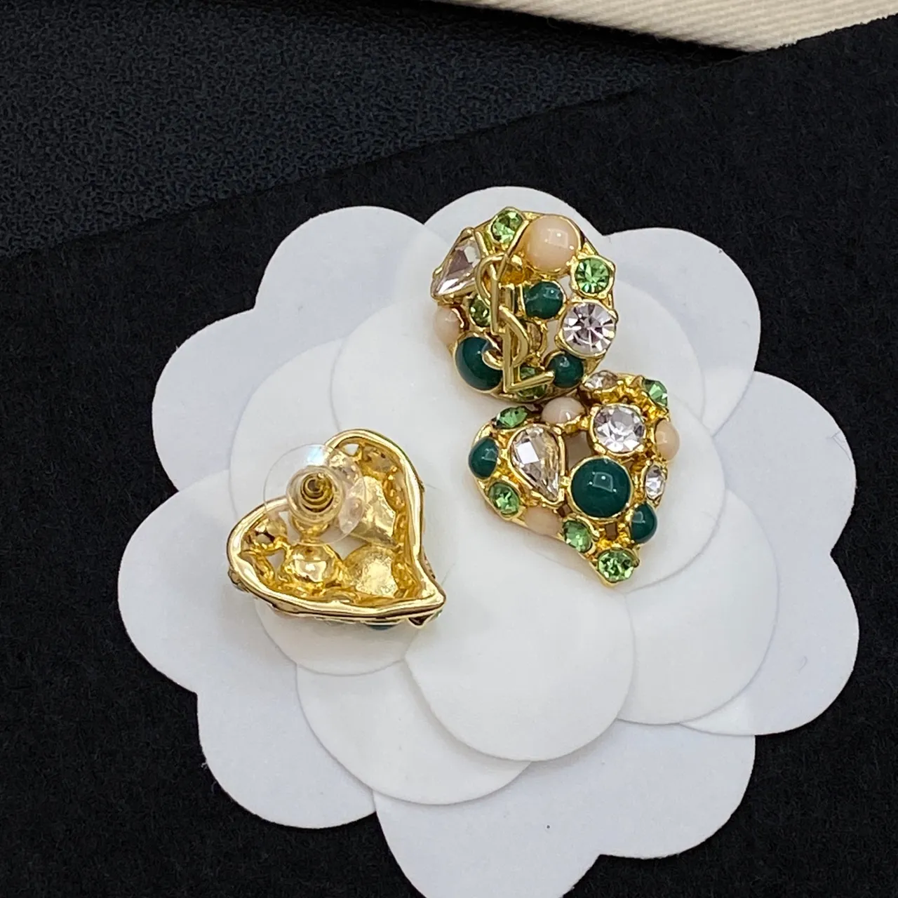 Chanel Green Gold Heart-Shaped Cluster-Set Earrings