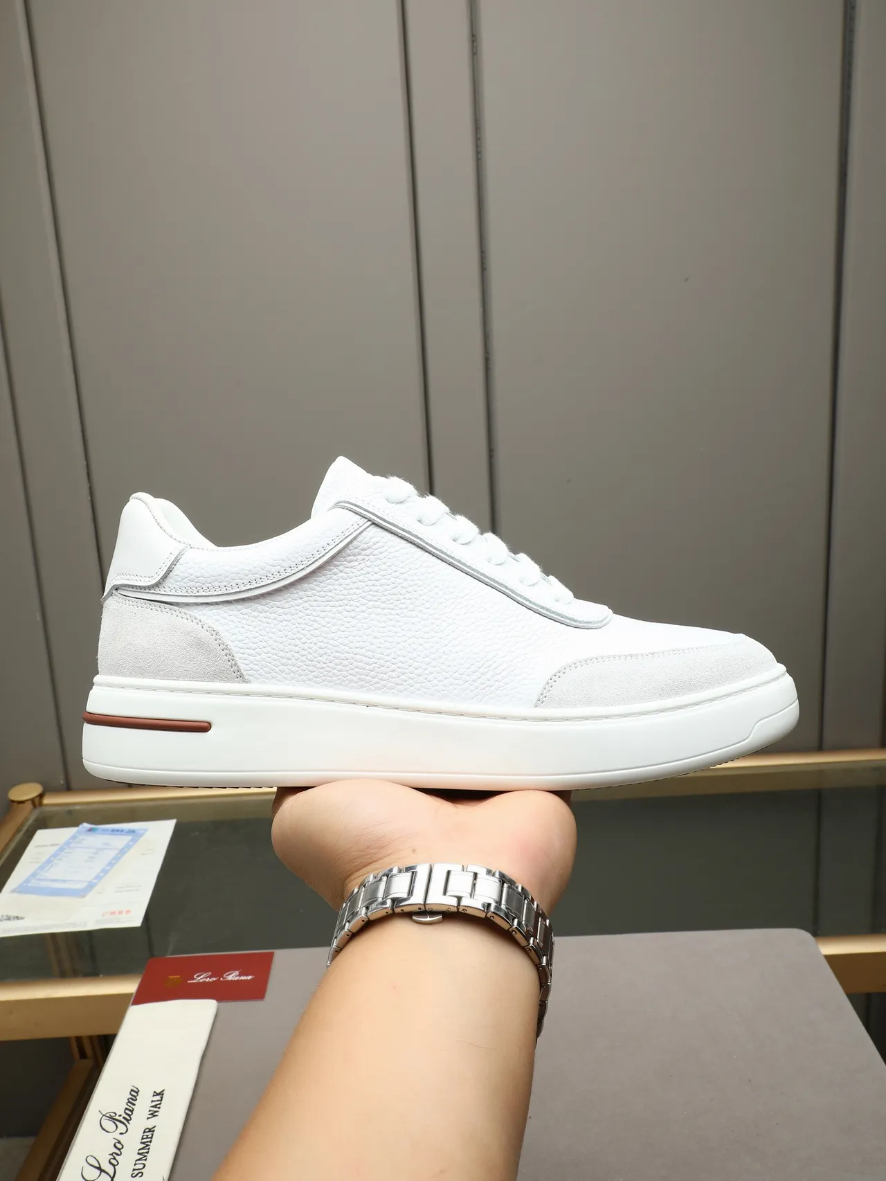 Loro Piana White Textured Leather and Suede Platform Sneaker