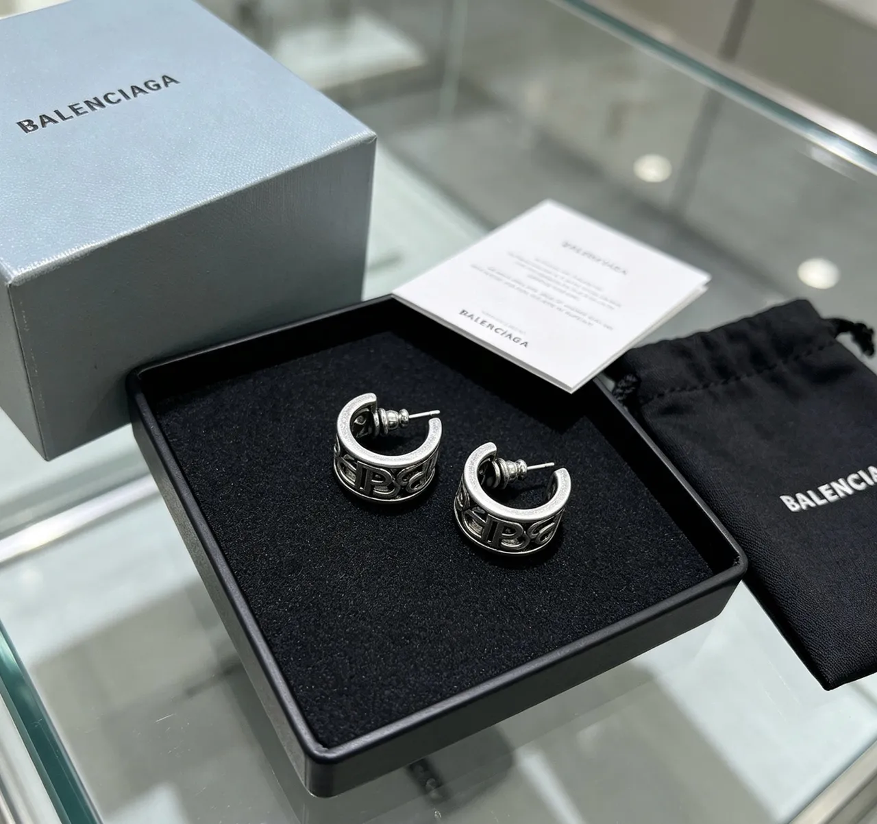 Balenciaga Logo-Integrated Hoop Silver Black Metallic Earrings