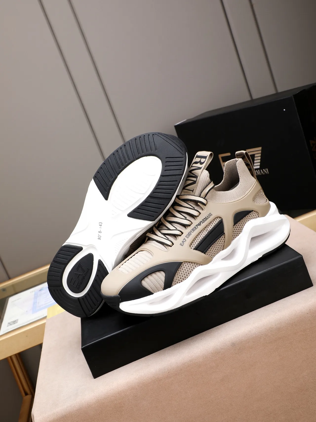 Emporio Armani EA7 Beige and Black Knit Lifestyle Sneakers