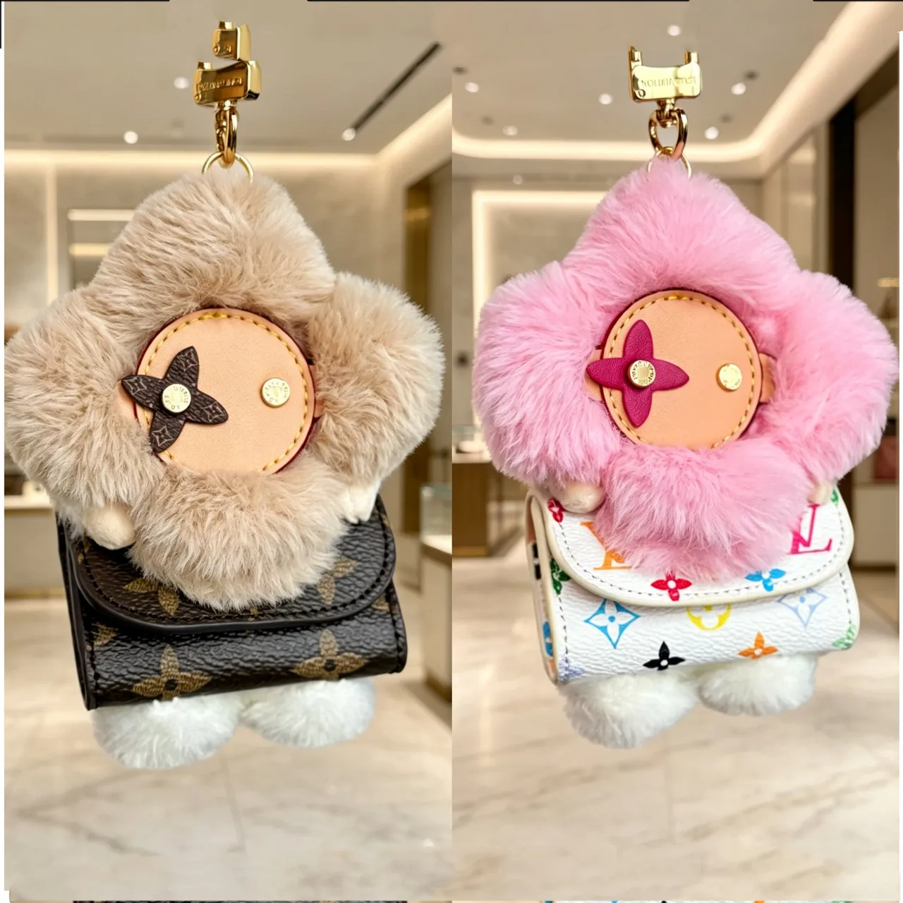 Louis Vuitton Vivienne Pink Beige Floral Plush Charm Faux Fur Trim Handbag