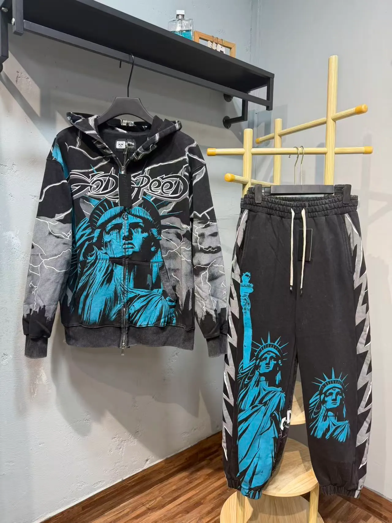 Godspeed Black Blue Graphic-Print Zip-Up Hoodie Tracksuit