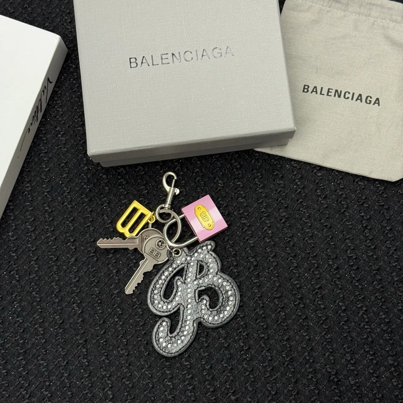 Balenciaga Silver Pink Crystal-Embellished Logo-Charm Jewelry