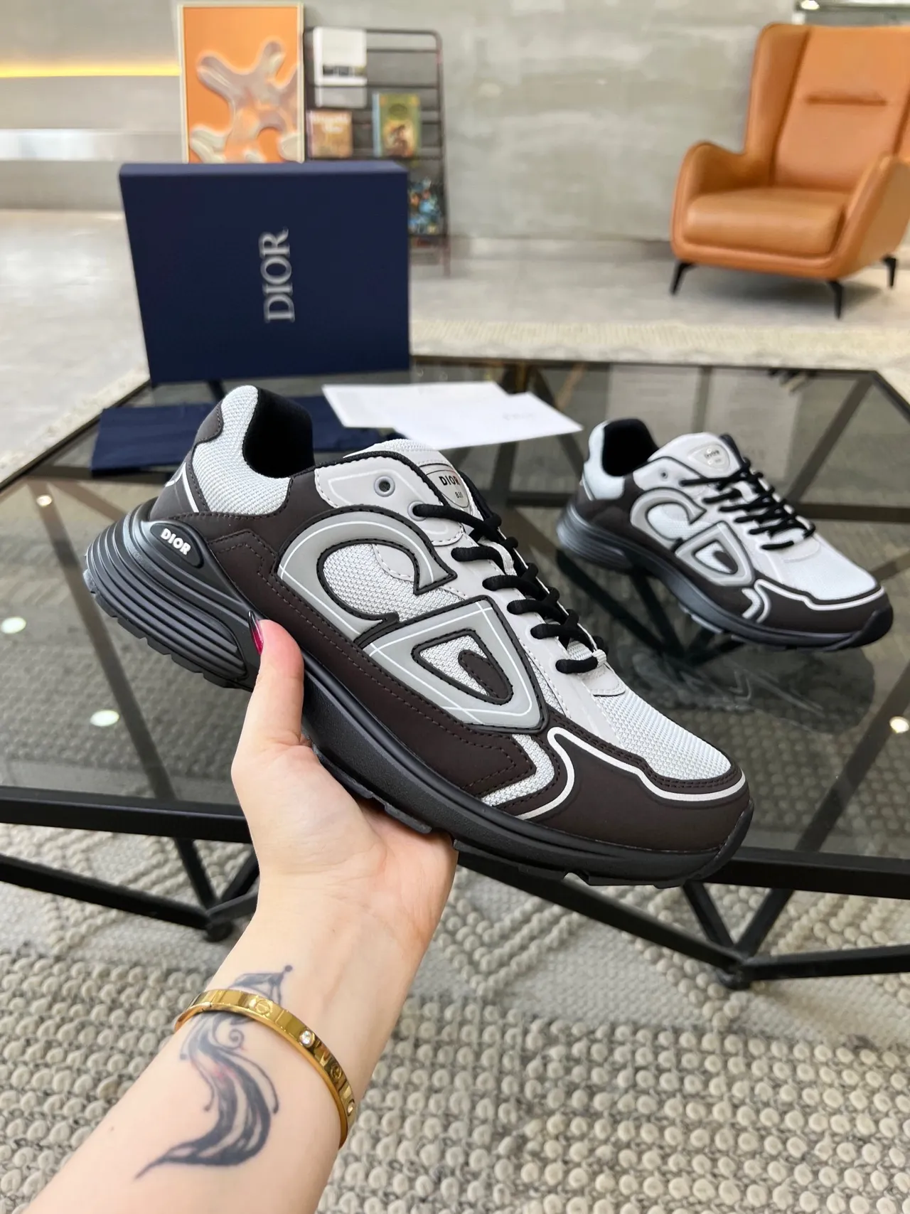 Dior B23 Oversized Logo Brown White Gray Chunky Sneakers
