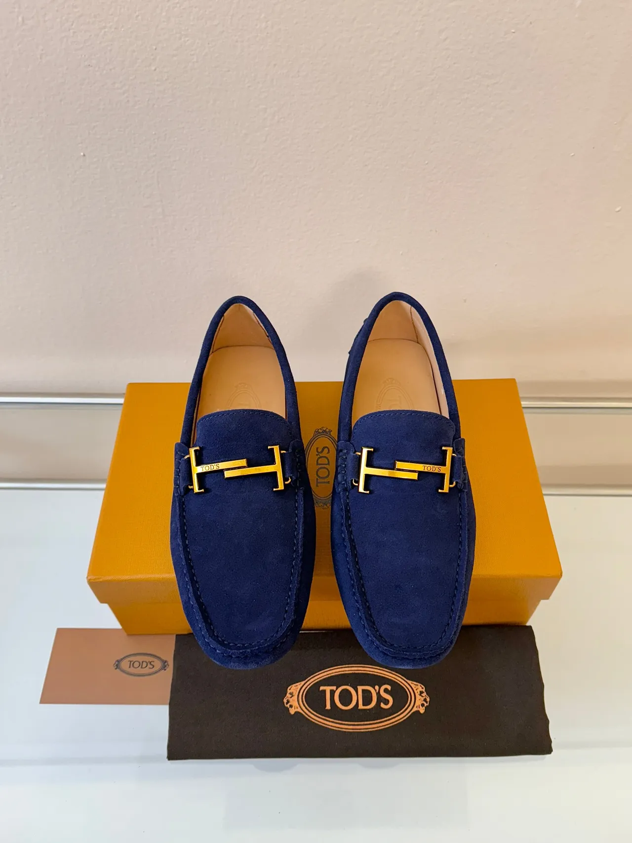 Tod's Gommino Navy Gold Suede Upper H-Bit Hardware Loafer