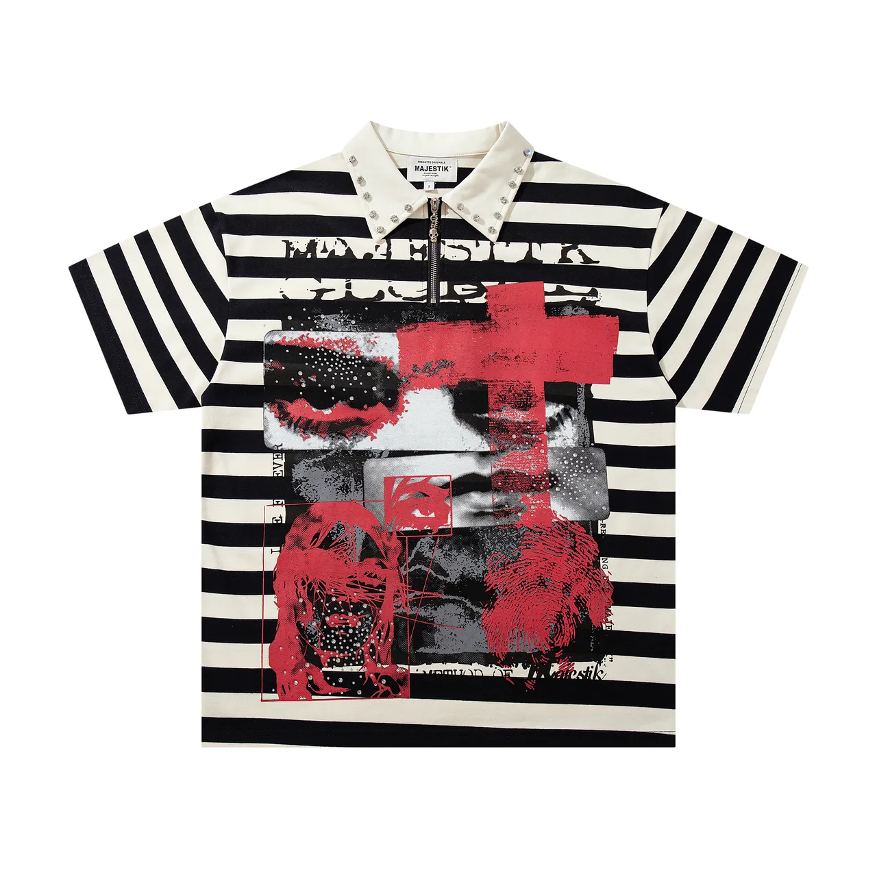 MAJESTIK Striped Graphic-Print Studded Collar Zip-Front Polo Shirt