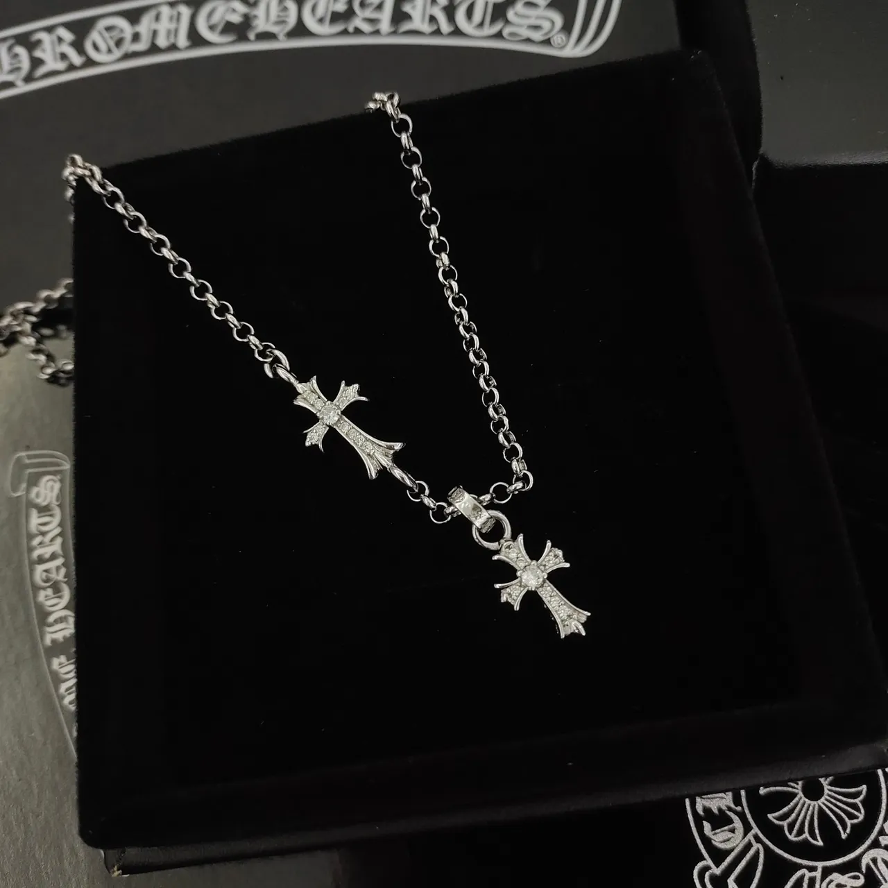 Chrome Hearts Dual Cross Pavé Pendant Necklace