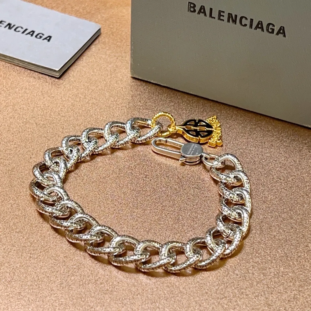 Balenciaga Logo Chain Silver Gold Chunky Oval-Link Engraved Brand Lettering Bracelet