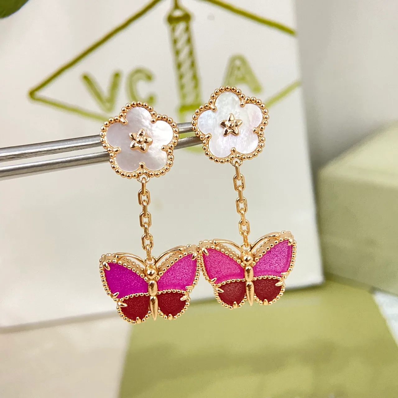 Van Cleef & Arpels Alhambra x Papillon White Mother-of-Pearl and Magenta Enamel Butterfly Earrings