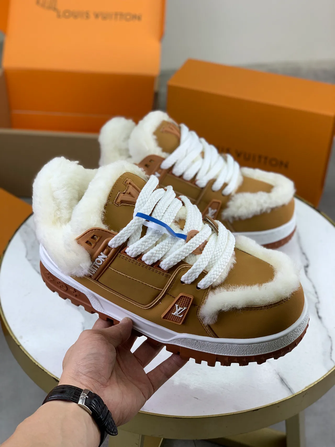Louis Vuitton LV Trainer Brown White Shearling-Lined Tan Leather Lifestyle Sneakers