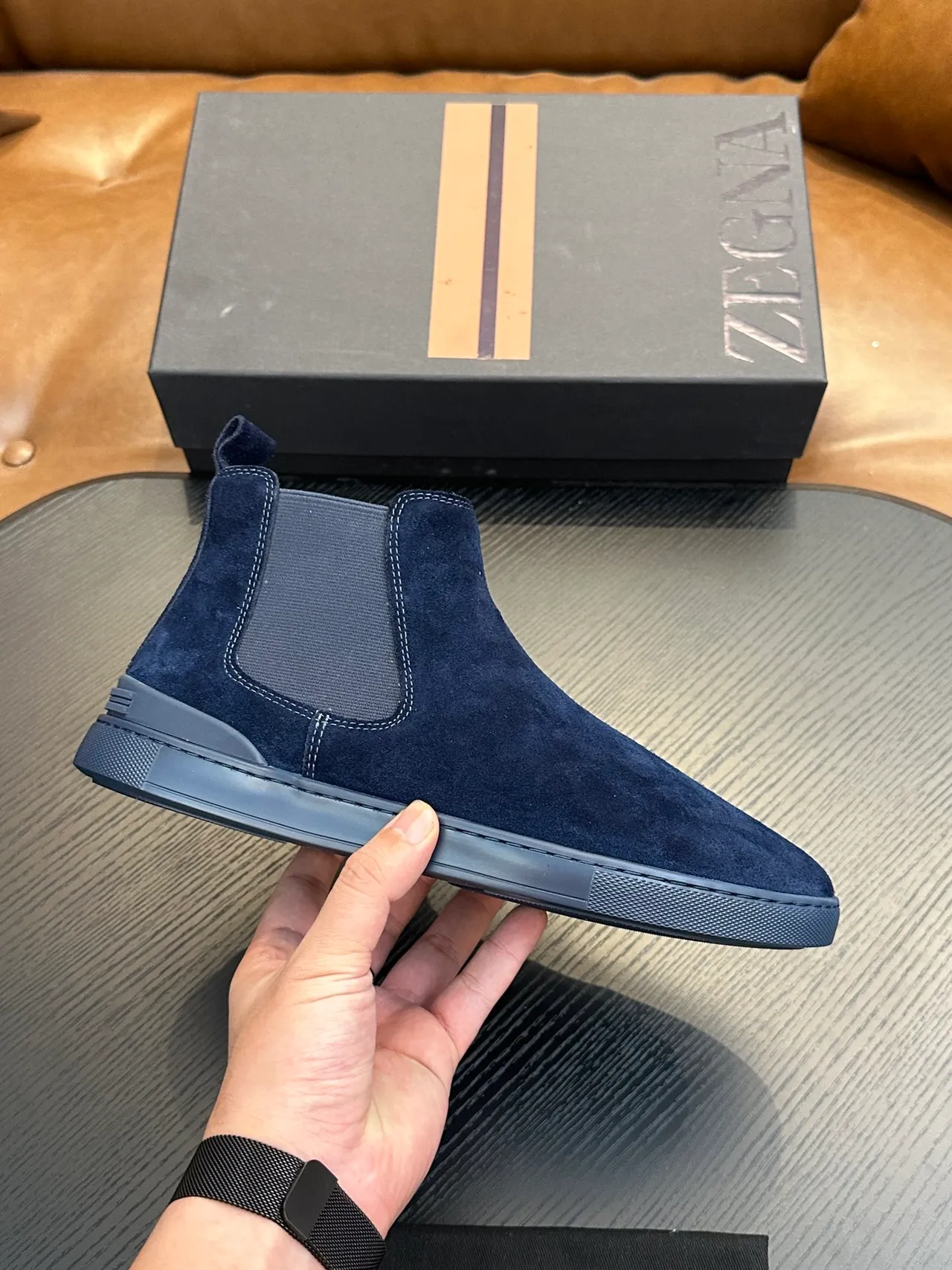 Zegna Navy Suede Chelsea Boots