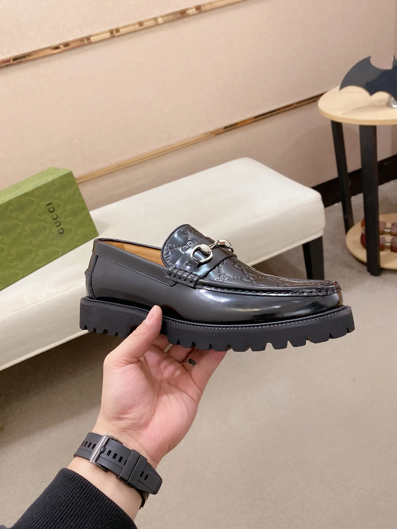 Gucci Horsebit 1955 Loafer Black Patent Leather Lug Sole Loafers