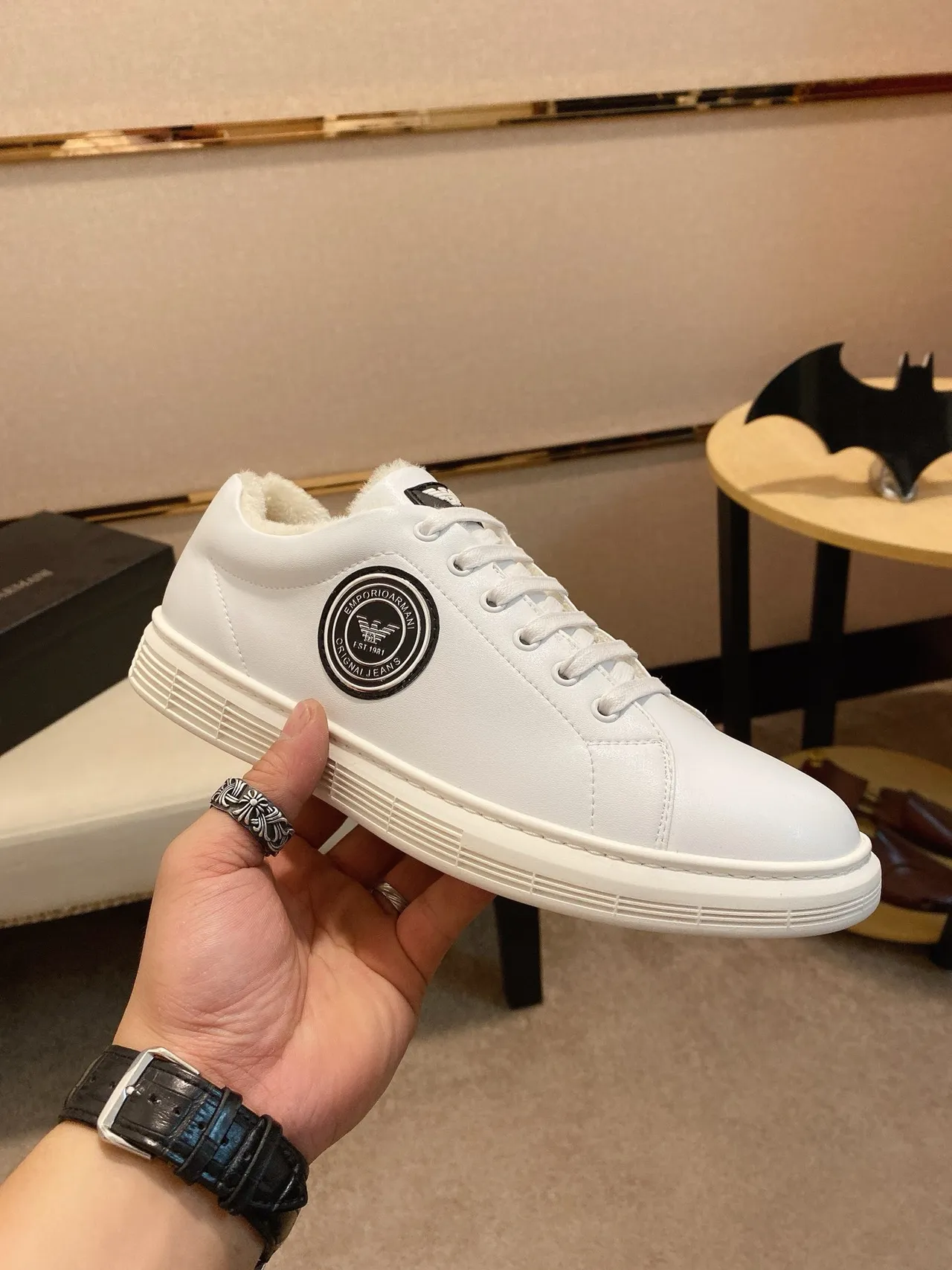 Emporio Armani White Black Low-Top Leather Upper Sneakers