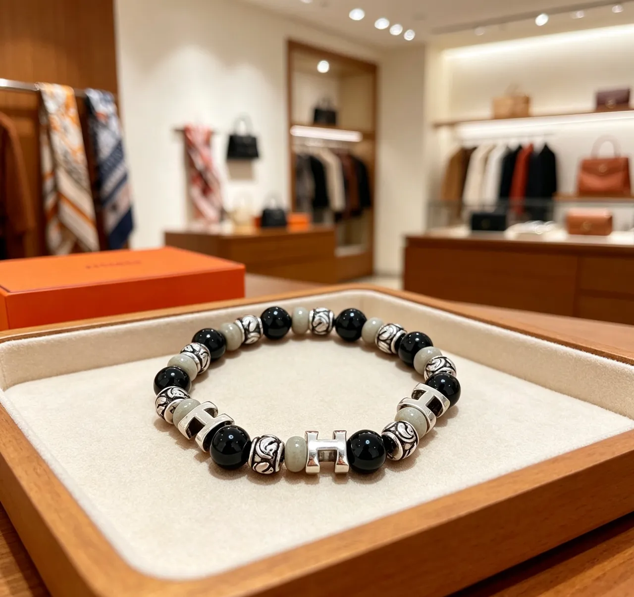 Hermès Black Silver Beaded Multi-Stone Bracelet