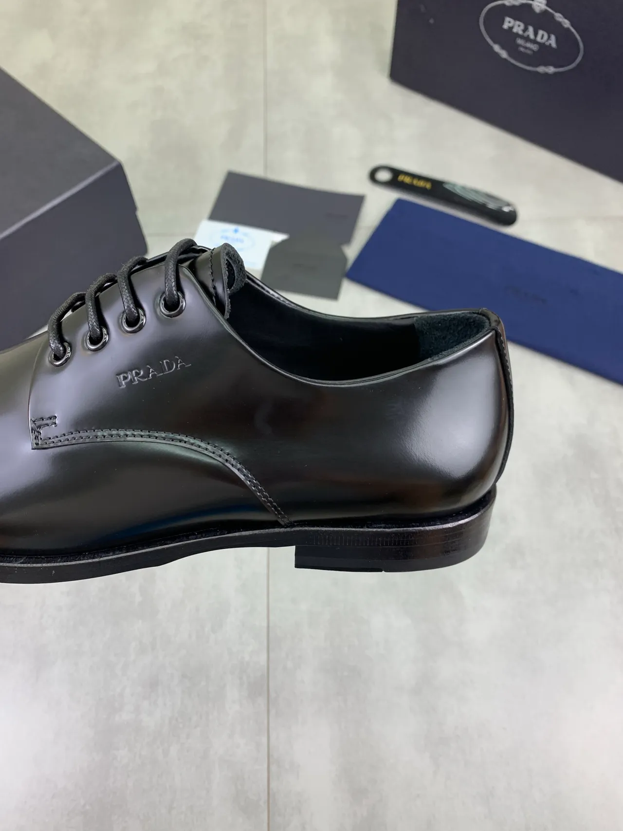 Prada Black Polished Leather Cap Toe Oxford Shoes