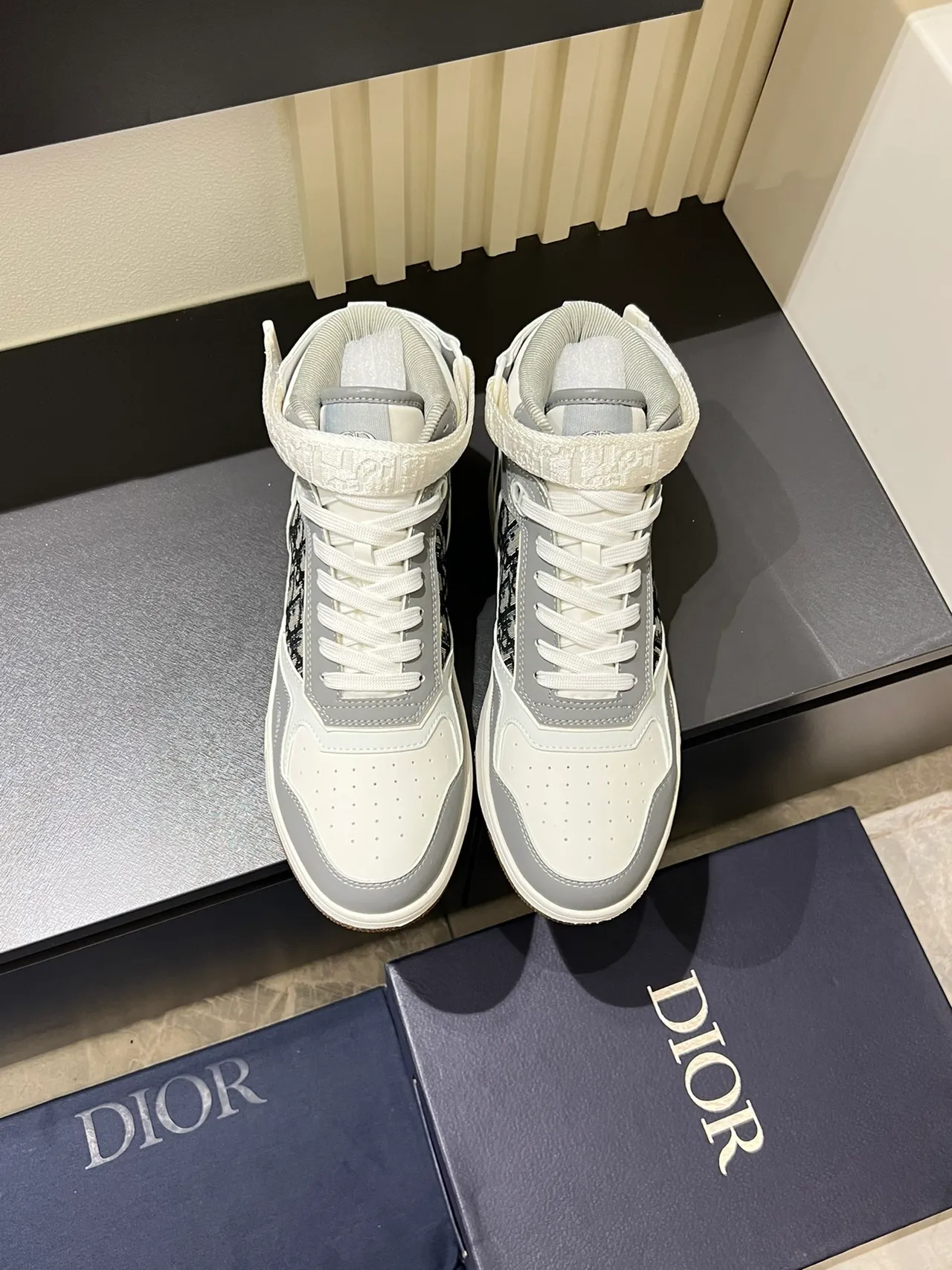 Dior B23 White and Gray Oblique Monogram High-Top Lifestyle Sneakers
