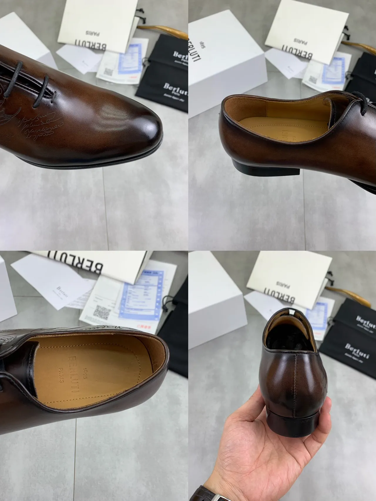 Berluti Brown Black Polished Leather Hand-Embossed Script Detailing Oxford Shoes