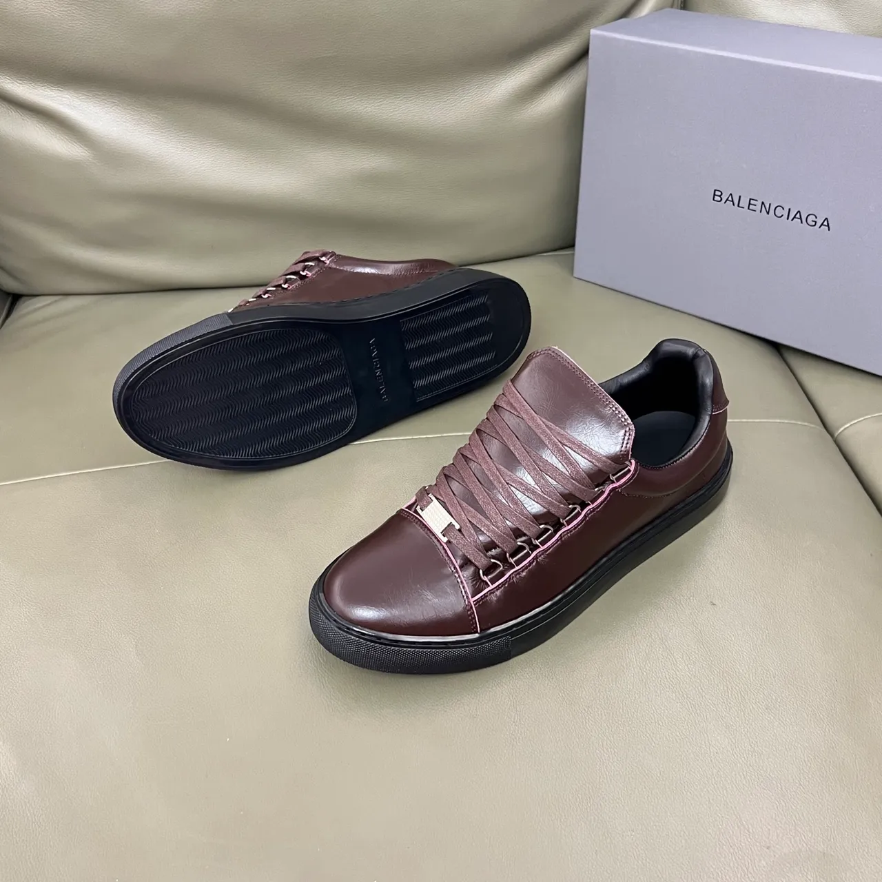 Balenciaga Brown Pink Leather Upper Contrast Piping Lifestyle Sneakers