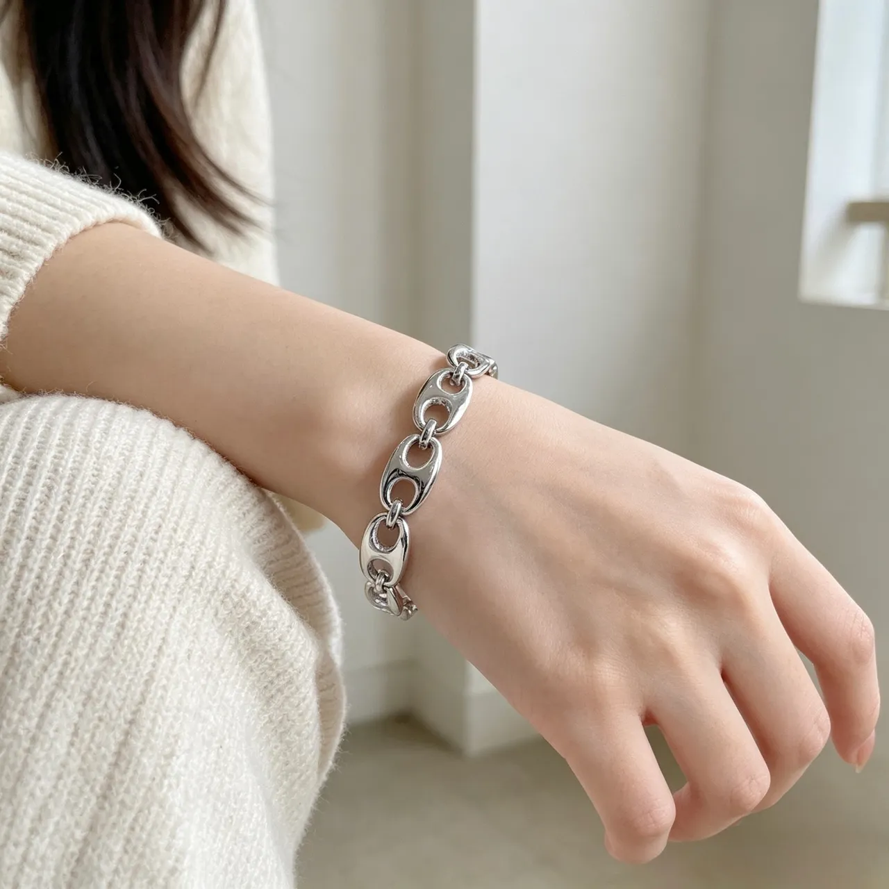 Gucci Horsebit 1955 Silver Chunky Oval-Link Polished Bracelet