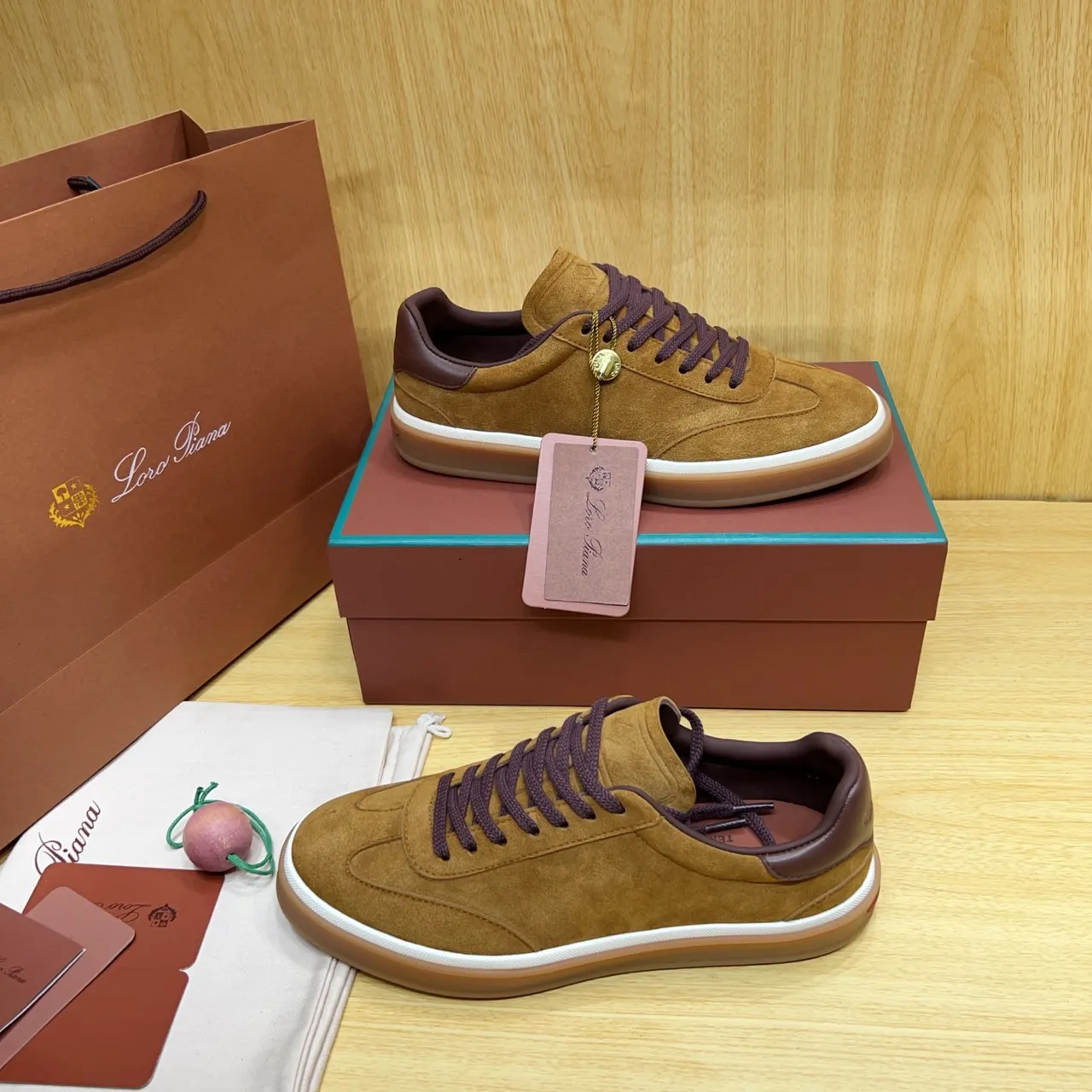 Loro Piana Brown Burgundy Suede Upper Contrast Laces And Heel Tab Sneakers