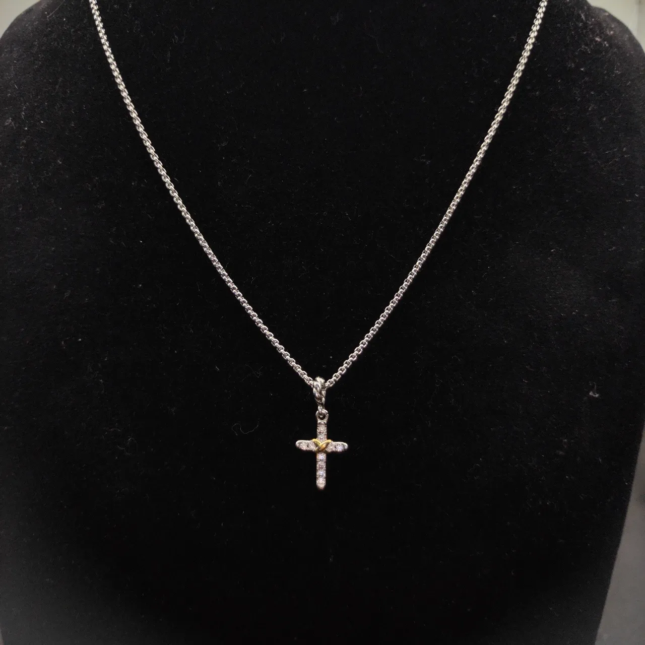 Tiffany & Co. Return to Silver Gold Pavé-Diamond Cross Two-Tone Metal Necklace